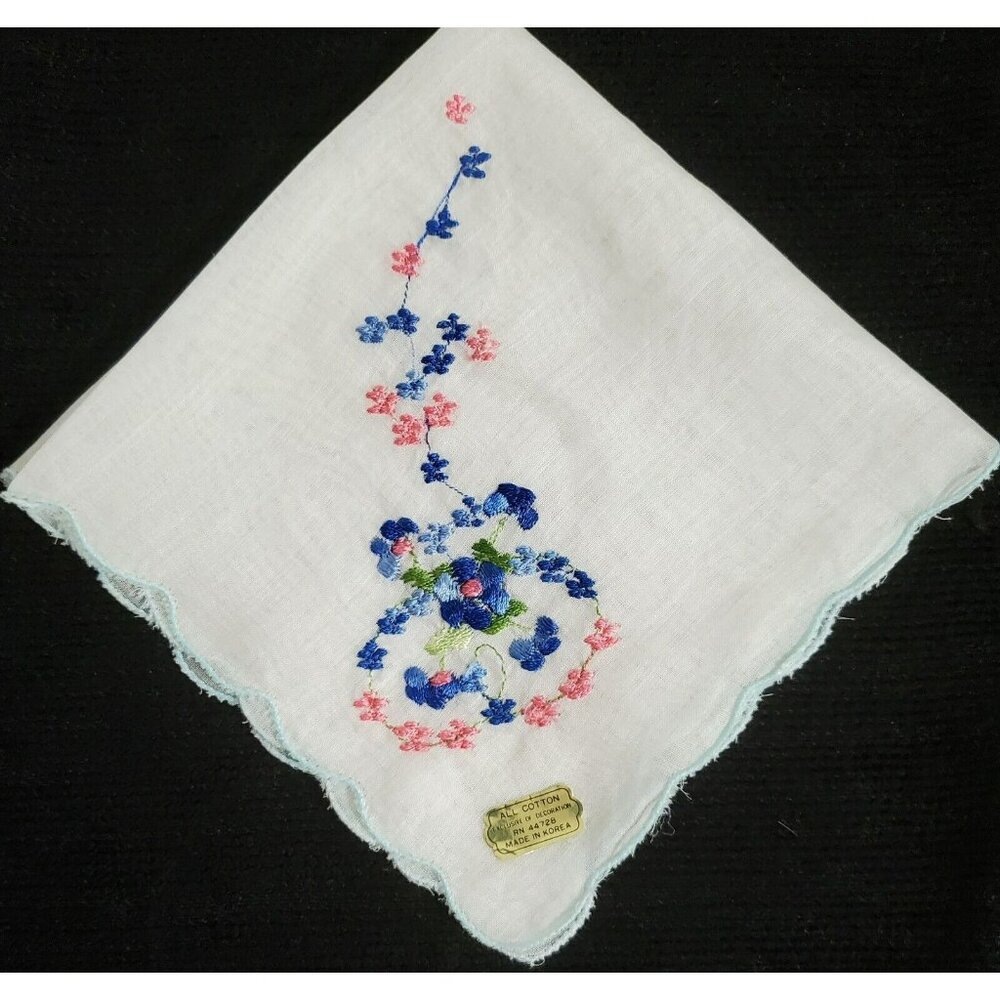 VTG Embroidered Handkerchief Flowers Pink Blue Green Leave Scalloped Hanky Korea